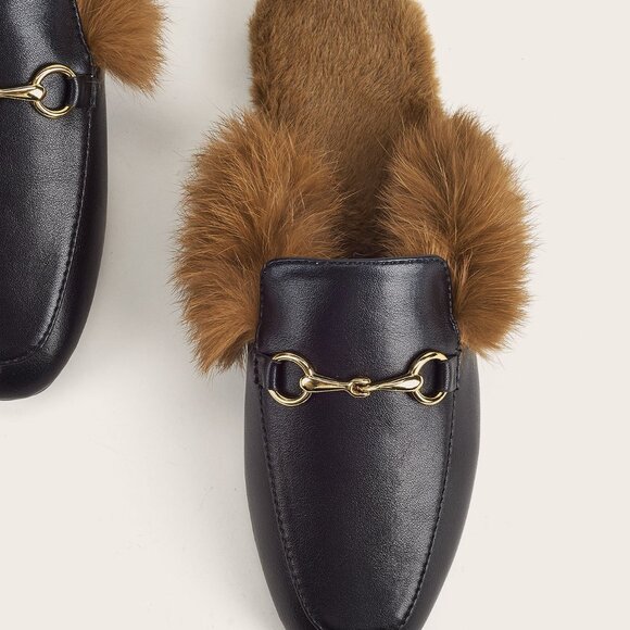 Black Casual Women's Wide Fit Fluffy Horsebit Loafer Mules - Picture 4 of 5